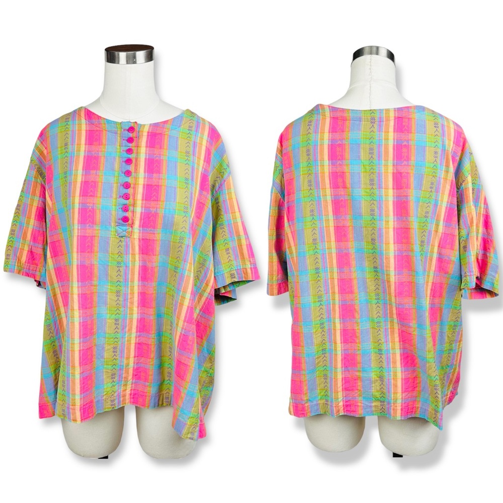Vintage 80’s Cottagecore  Rainbow Plaid Short Sleeve Oversized Pullover Blouse - Picture 2 of 12
